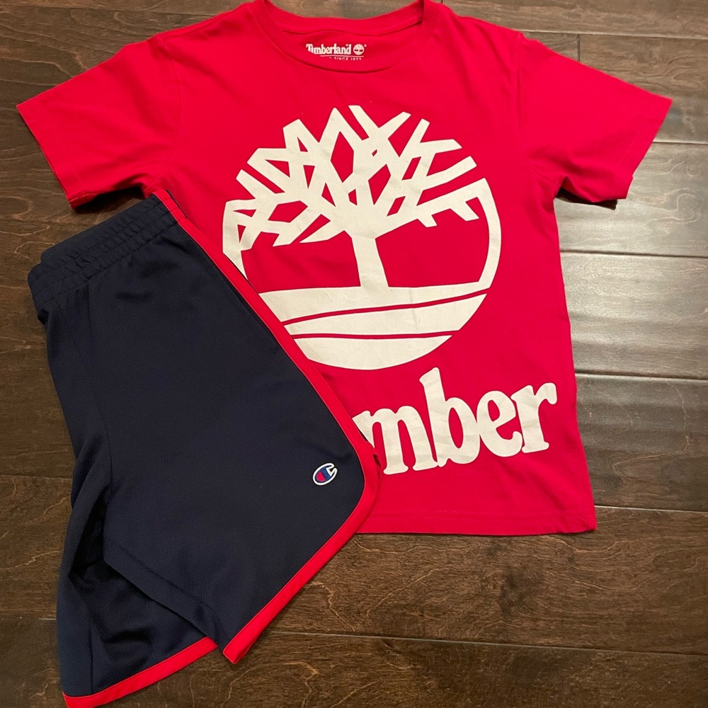 Boys Timberland red tshirt size M 10-12, Champion blue shorts size M.